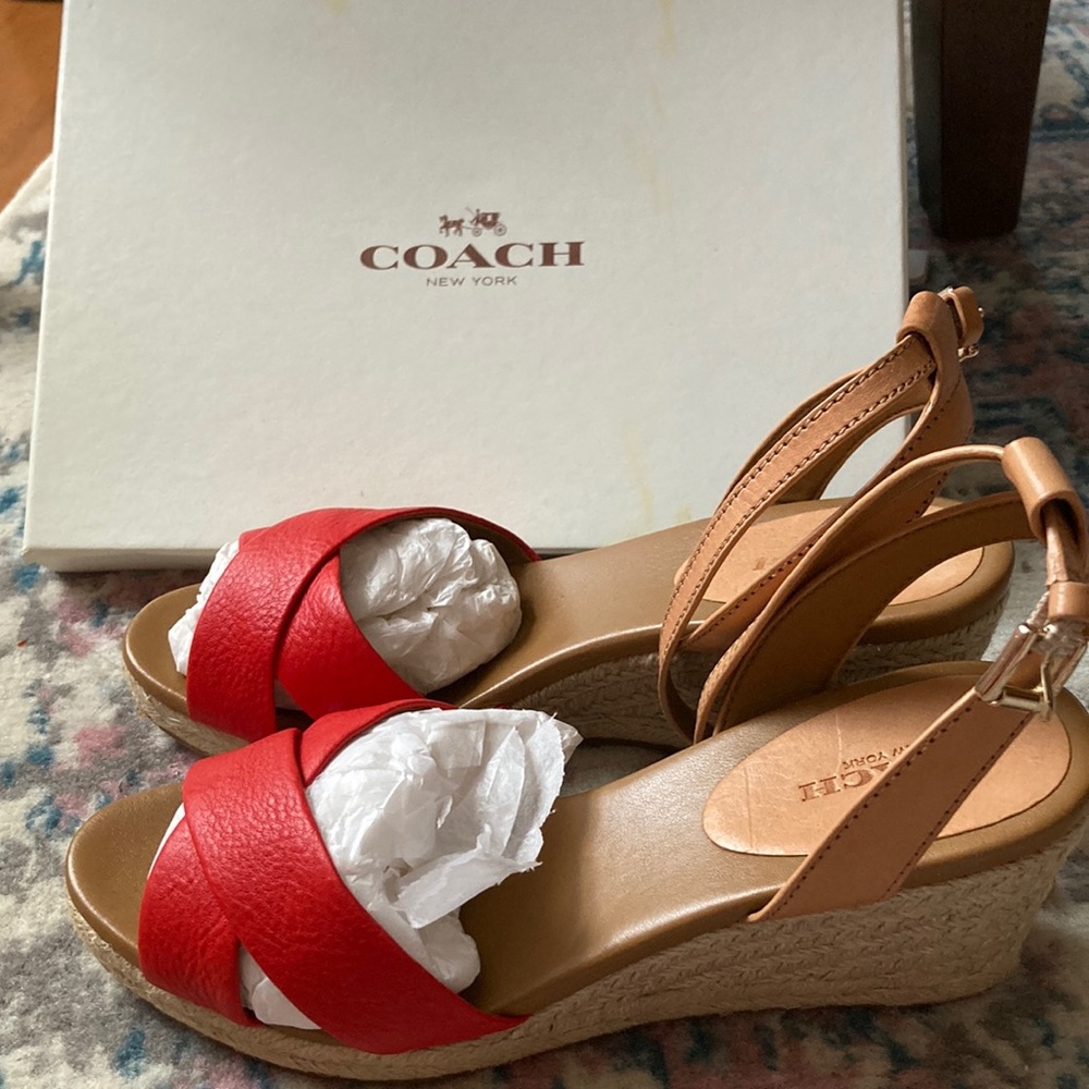 COACH Hanna vermillion red/ natural leather wedges sandals.  New with box size 7